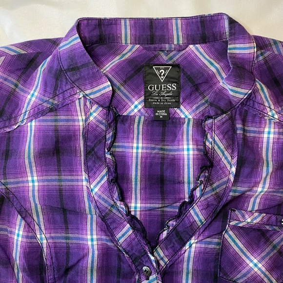 Guess Purple‎ Plaid Button Down Shirt 3/4 Sleeve  M - Picture 6 of 11